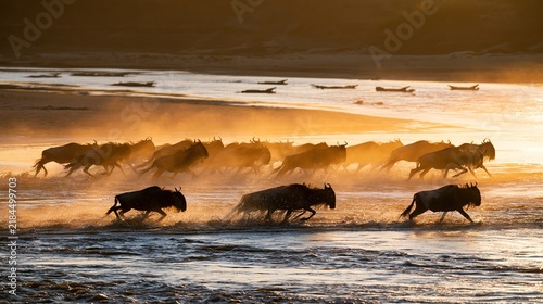 wildebeest. Wildebeest herd crossing muddy river at golden hour, dust and spray in air. wildlife magazines, conservation campaigns, designed for wildlife conservation campaigns.