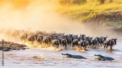 wildebeest. Wildebeest herd crossing muddy river at golden hour, dust and spray in air. wildlife magazines, conservation campaigns, designed for wildlife conservation campaigns.