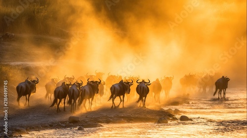 wildebeest. Wildebeest herd crossing muddy river at golden hour, dust and spray in air. wildlife magazines, conservation campaigns, designed for wildlife conservation campaigns.