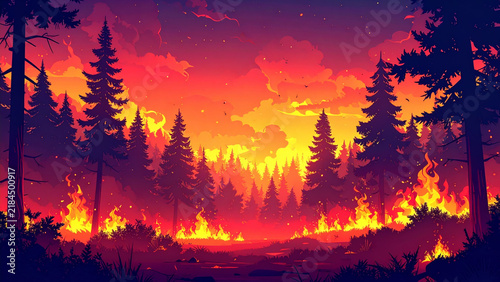 Naklejka Dramatic Forest Fire at Sunset in Pine Wilderness