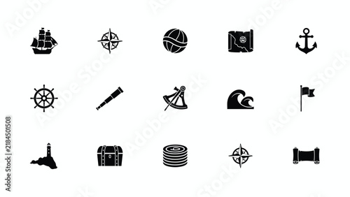 Black and white nautical and exploration icons set displayed on plain background with Collection stylized black icons representing maritime exploration themes arranged grid format