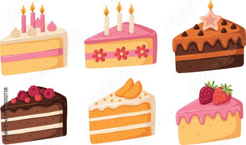 Delicious Birthday Cake Slice Icon Set with Chocolate, Strawberry, Orange, and Raspberry Pastries for Bakery Menu and Festive Celebration Vector Designs