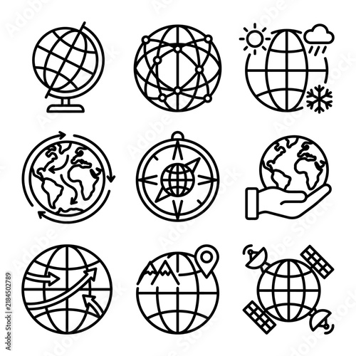 Global earth and world outline icon collection