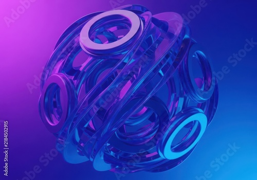 Abstract sphere composed of interlocking blue and purple metallic rings, 3D rendered geometric structure