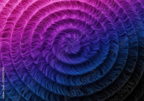 Abstract spiral pattern with furry texture in gradient pink, purple, and blue colors