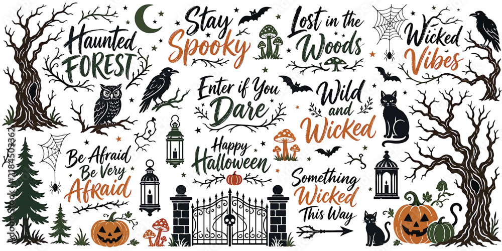 Obraz premium Halloween spooky elements and phrases, ghosts, pumpkins, haunted forest trees, bats, and cats