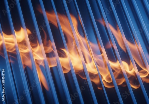 Bright orange flames burning behind dark blue vertical metal slats or grille