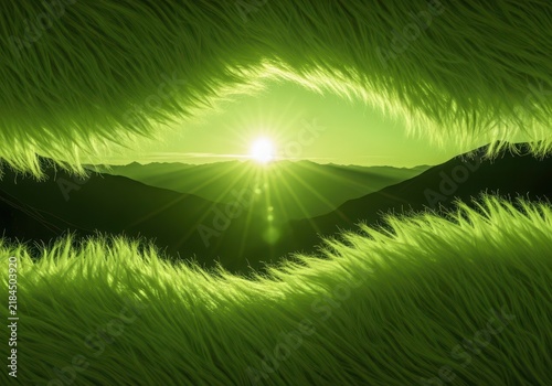 Bright sun rising over mountain silhouettes framed by green furry texture