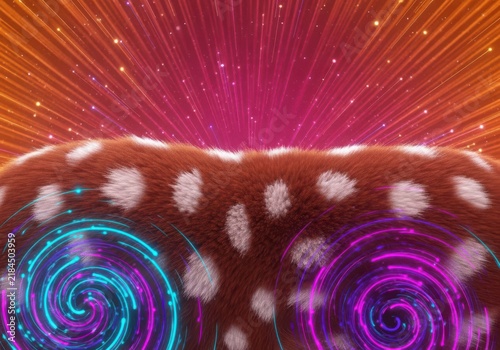 Brown furry texture with white spots, neon blue and purple spiral light effects