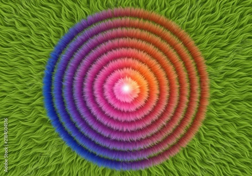 Concentric circular gradient fur texture with a bright pink center on a wavy green grass background