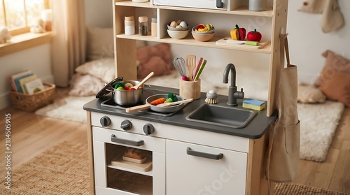 A charming wooden toy kitchen set with a stove, sink, and shelves filled with play food and utensils, creating a cozy and inviting play area in a sunlit room.