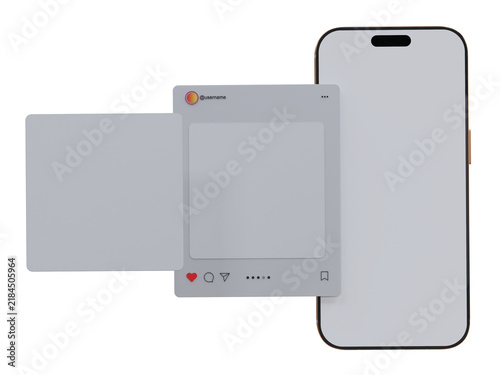 Smartphone social media mockup with blank content cards and post interface floating, isolated, offering a modern template for mobile content, advertising, branding, digital marketing, and presentation