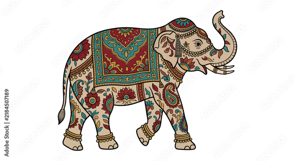 Obraz premium An ornate elephant illustration features detailed floral patterns and a white background vector ornament pattern design animal mammal