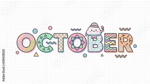 Cute October Text with Kawaii Cloud Character
