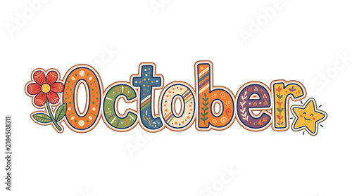 Hand-drawn October text with floral and star elements