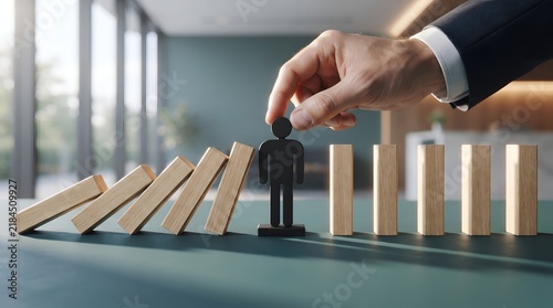 Risk Management and Executive Intervention Concept with Businessman Placing Figurine to Stop Falling Domino Blocks