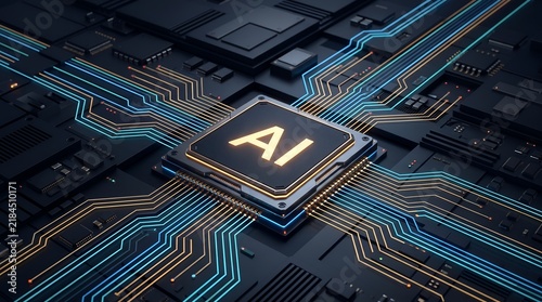 Obraz na płótnie Artificial Intelligence Microchip Processor on Circuit Board Infrastructure Representing Next Gen Computing Power