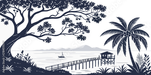 Coastal silhouette landscape with palm tree and wooden pier silhouette landscape tropical