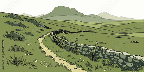 Graphic illustration of a stone wall boundary along a grassy mountain trail in rolling countryside