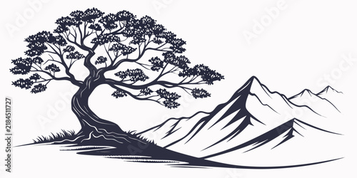 Silhouette illustration of a large ancient tree beside towering mountain peaks with mountain