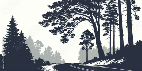 Graphic silhouette of a winding forest road surrounded by pine trees with silhouette