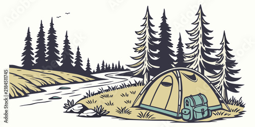 Camping scene featuring a tent and backpack near a flowing river in the woods backpack adventure