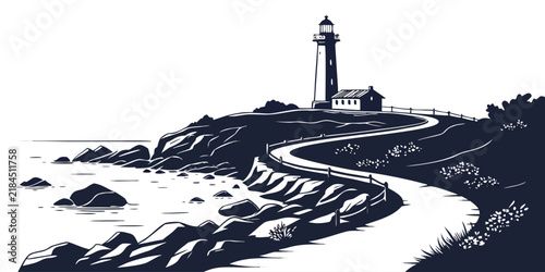 Lighthouse on a rocky coastal cliff with a winding path in black and white style