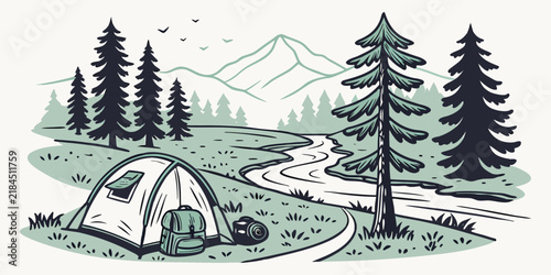 Camping adventure illustration featuring a tent by a river and mountain scenery mountain backpack