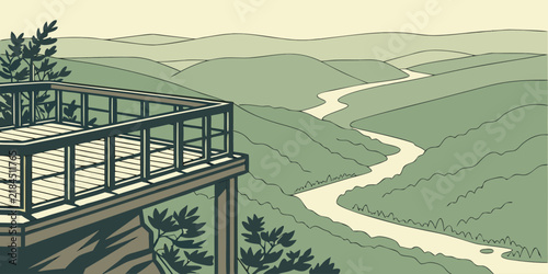 Wooden observation deck on a high cliff overlooking a river flowing through a green valley