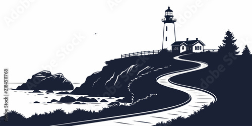 Lighthouse on a cliffside by the ocean with a scenic winding road in ink style
