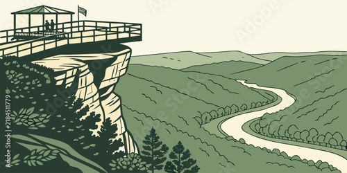 Observation deck on a cliff overlooking a river valley in nature illustration with landscape illustr