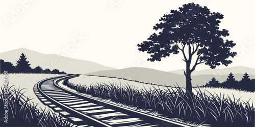 Silhouette illustration of a railway track winding through a grassy mountain landscape with railroad