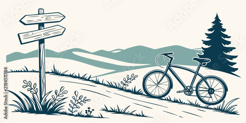 Graphic illustration of a mountain bike on a trail path with wooden directional signposts