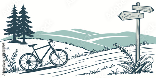 Mountain landscape illustration with a bicycle parked near a wooden direction sign