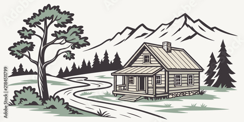 Rustic log cabin in a scenic mountain landscape with pine forest and winding path