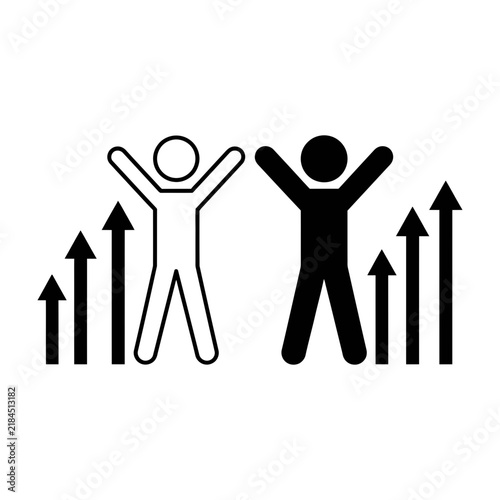 Canvas Print Two stick figures celebrating with rising arrows indicating success and growth t