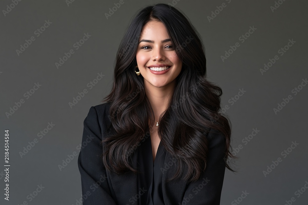 Fototapeta premium Beautiful young woman with long dark wavy hair smiling in a black blazer on grey background