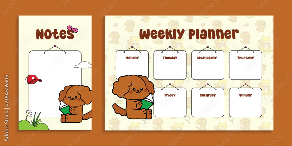 Fototapeta premium Weekly planner and notes template with cute cartoon dog