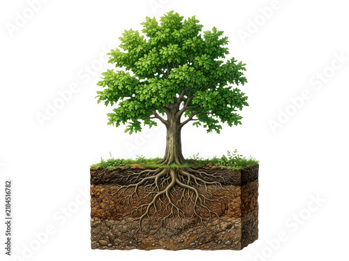 Oak tree with visible root system and soil layers isolated on transparent background
