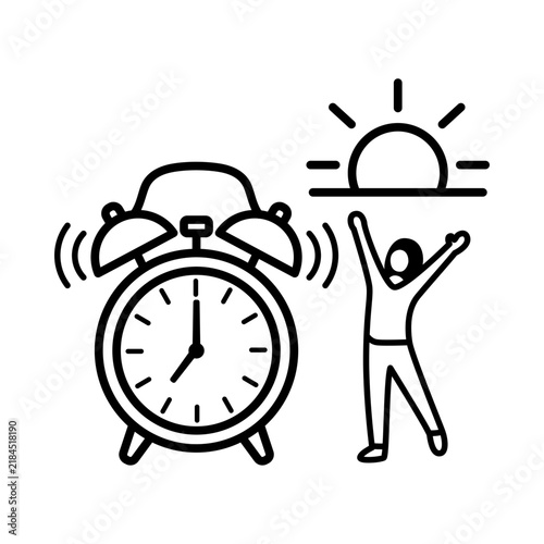 Black and white minimal icon showing an alarm clock and active person symbolizing limiting daytime naps for better night sleep. 