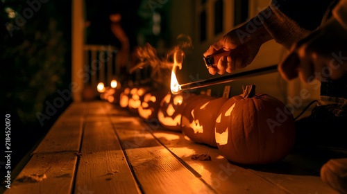 POV Hands Lighting Candles Inside Row of Pumpkins.
