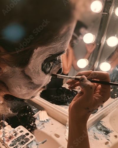 POV Hands Painting Skull Makeup in Bathroom Mirror Reflection.
