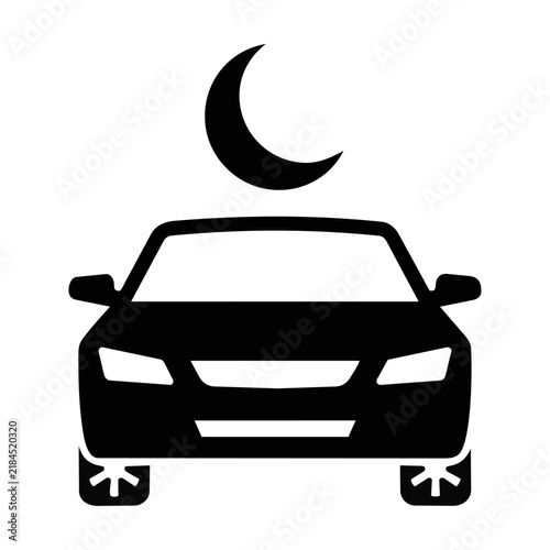 Minimalist car icon with a crescent moon silhouette in solid black on a white background, transportation and night travel concept
