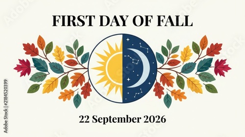 First day of fall autumn equinox illustration with sun and moon isolated on white background