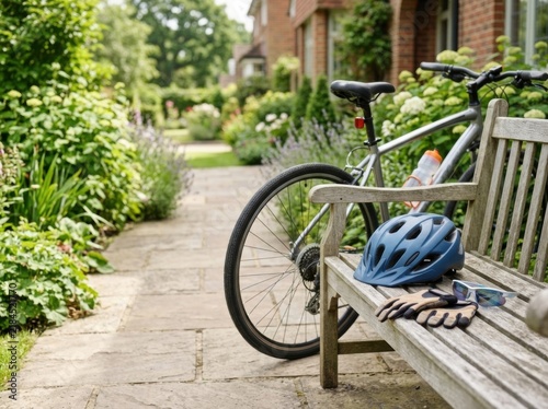 Silver hybrid bicycle leaning against a weathered wooden bench in a lush suburban garden. Blue cycling helmet, gloves, and sunglasses rest on the bench seat next to a stone walkway.