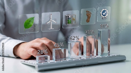Hands type on a keyboard while a transparent 3D analytics dashboard displays sustainability icons, bar charts and percentage metrics