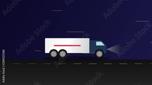 Fast delivery cargo truck driving on a highway at night in a flat vector style representing global logistics and shipping services