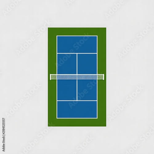 Top view of a professional blue tennis court with a net