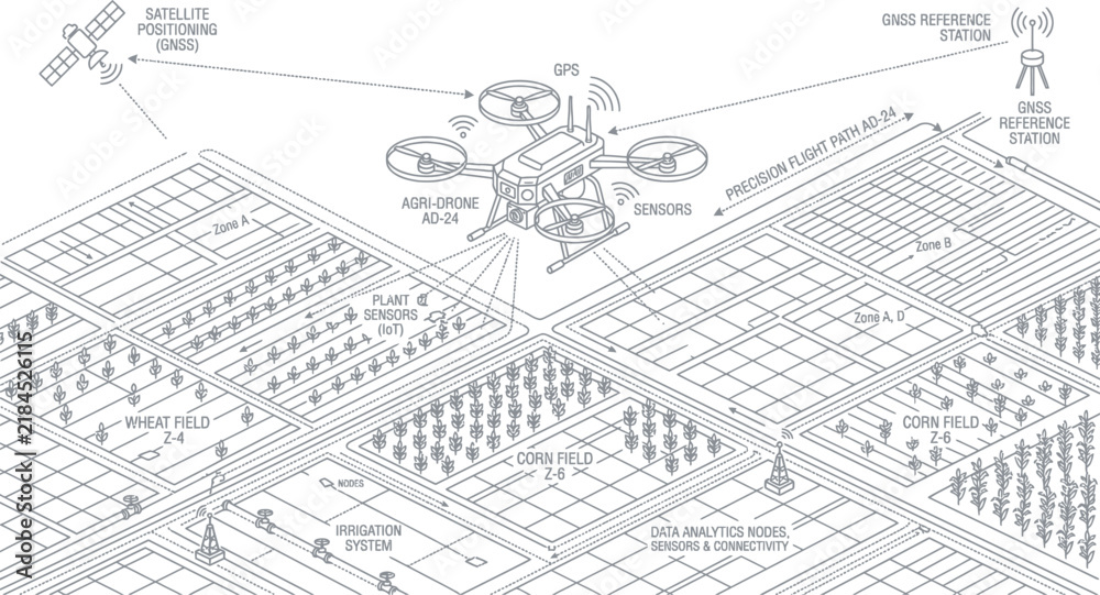 Fototapeta premium Agricultural drone surveying crop fields with satellite connectivity and GPS mapping