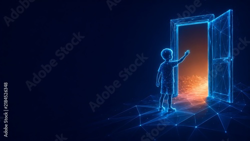 Digital silhouette of a child reaching towards an open glowing door. every child matters with silhouette reaching opportunity technology abstract development. every child matters
